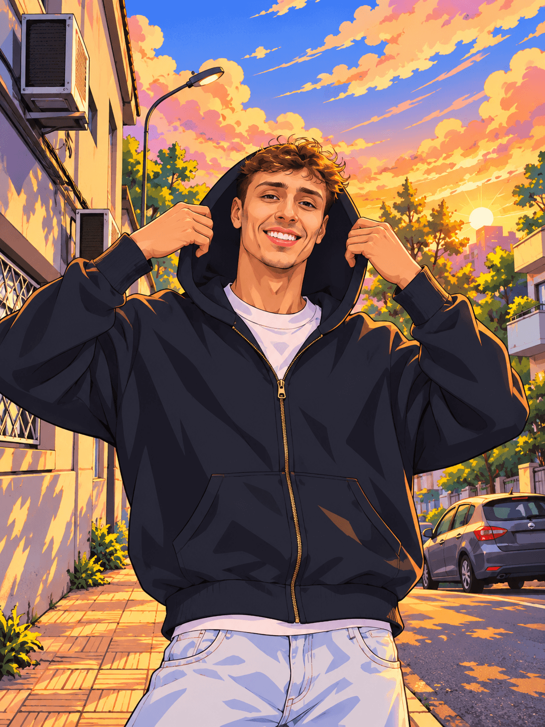 Anime-style illustration of Lucas Lima wearing a black hoodie at sunset